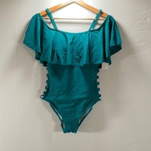 Holipick small green off the shoulder one piece swimsuit.  NWT.  Cutouts on side